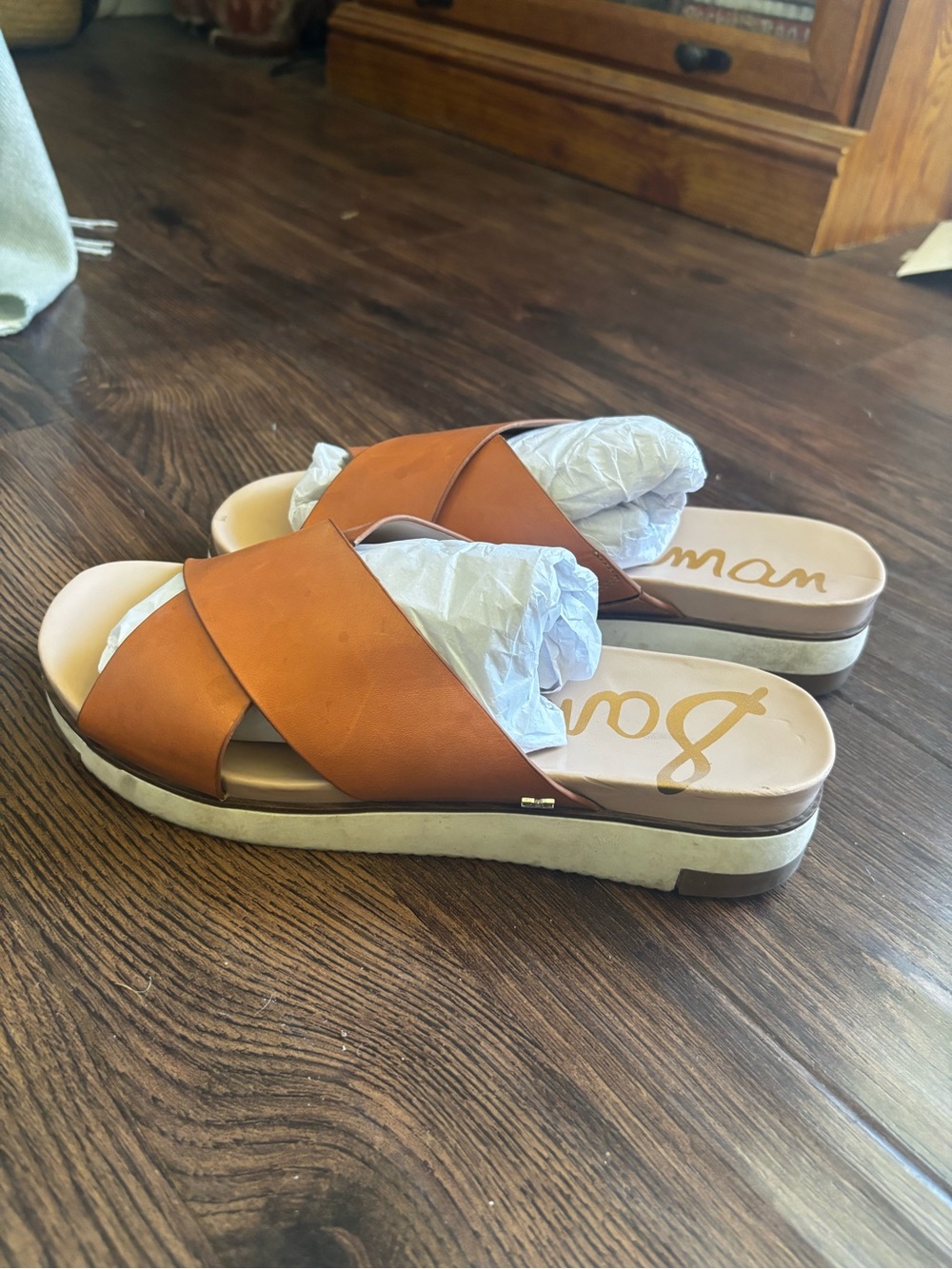 Sam Edelman Tan Leather Crossover Slide Sandals